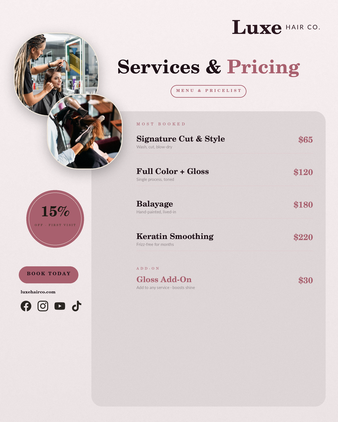Price Menu branded post example for Luxe Hair Co.
