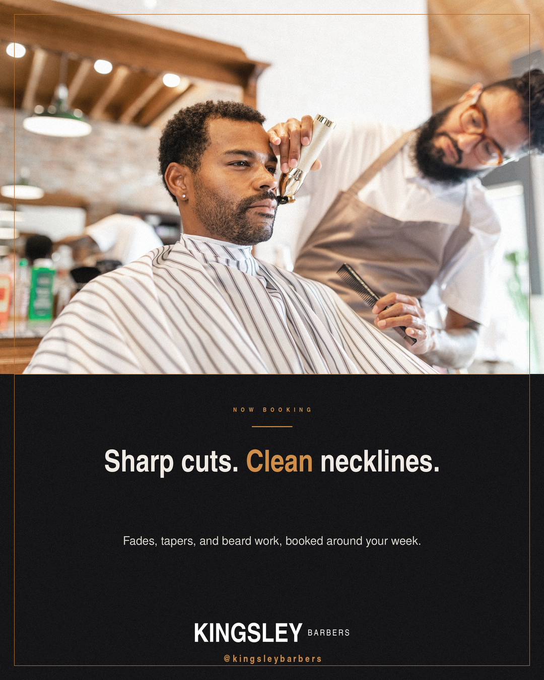 Now Booking branded post example for Kingsley & Co. Barbers