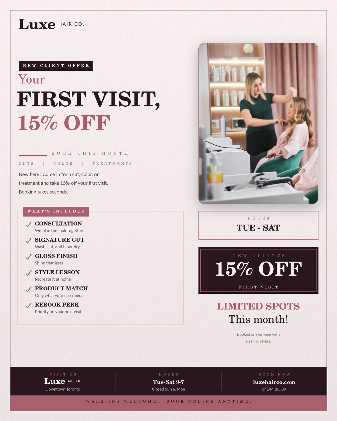 Offer branded post example for Luxe Hair Co.