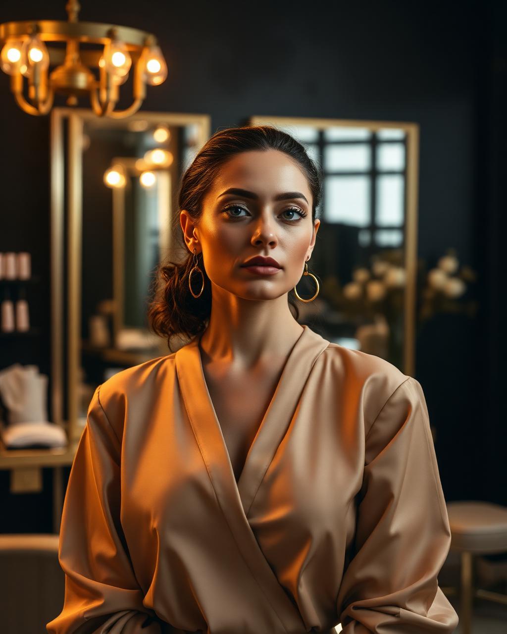 A beauty studio owner in a warm, gold-lit studio