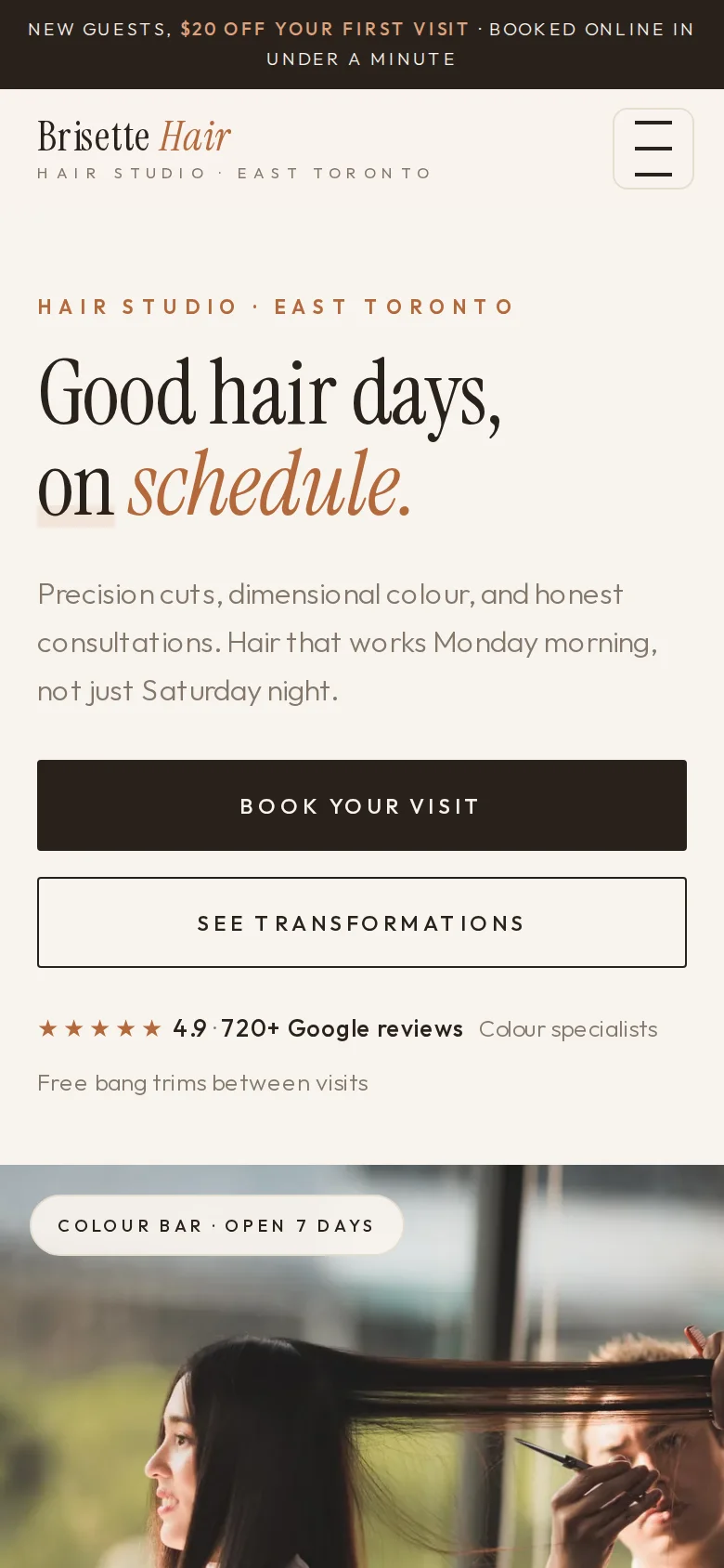 Sample Hair salon website, mobile