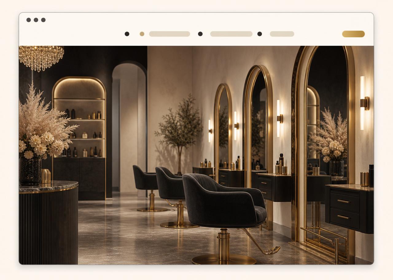 Luxury hair salon website mockup in a browser frame